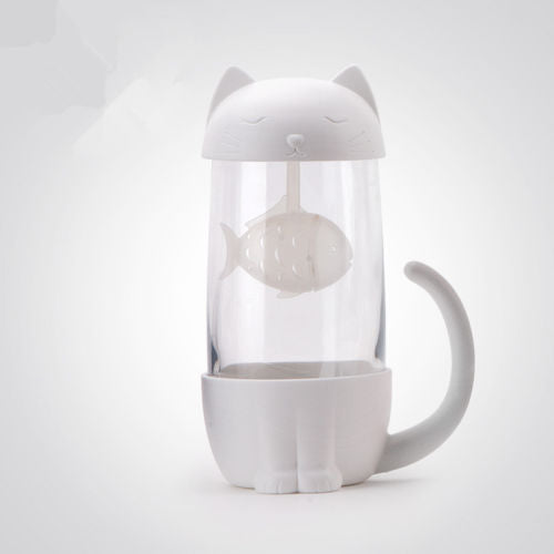 Cute Cat Glass Tea Mug With Little Fish Infuser